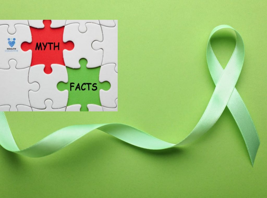 Green mental health awareness ribbon and jigsaw puzzle that says myths and facts