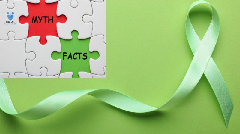 Green mental health awareness ribbon and jigsaw puzzle that says myths and facts