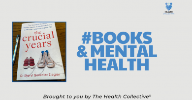 Placard with book cover of The Crucial Years and text that says Books and Mental Health brought to you by The health Collective