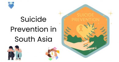 Image with text that says Suicide Prevention in South Asia. Illustrations include two youth sitting together, a suicide prevention logo and hands together in solidarity.