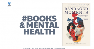 A placard with the health collective logo saying Books and Mental Health, featuring a book cover of the book Bandaged Moments