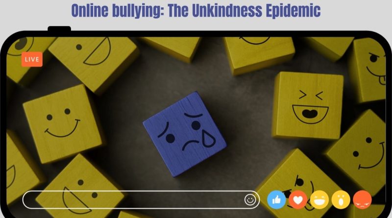 Image of smiley faces and sad smileys with text that says online bullying and the unkindness epidemic