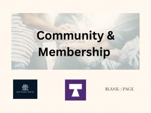 Community and Membership Text with three logos Say Again Press Tap in Tribe and Blank Page